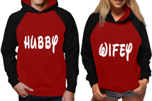 Load image into Gallery viewer, Hubby and Wifey raglan hoodies, Matching couple hoodies, Black Maroon King Queen design on man and woman hoodies