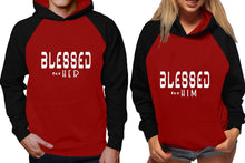 Load image into Gallery viewer, Blessed for Her and Blessed for Him raglan hoodies, Matching couple hoodies, Black Maroon his and hers man and woman contrast raglan hoodies