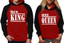 Load image into Gallery viewer, Her King and His Queen raglan hoodies, Matching couple hoodies, Black Maroon King Queen design on man and woman hoodies