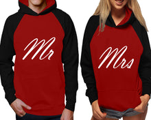 Load image into Gallery viewer, Mr and Mrs raglan hoodies, Matching couple hoodies, Black Maroon his and hers man and woman contrast raglan hoodies