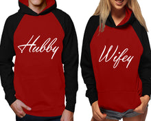 將圖片載入圖庫檢視器 Hubby and Wifey raglan hoodies, Matching couple hoodies, Black Maroon his and hers man and woman contrast raglan hoodies