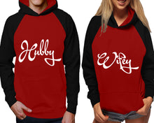 Load image into Gallery viewer, Hubby and Wifey raglan hoodies, Matching couple hoodies, Black Maroon his and hers man and woman contrast raglan hoodies