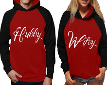 Load image into Gallery viewer, Hubby and Wifey raglan hoodies, Matching couple hoodies, Black Maroon his and hers man and woman contrast raglan hoodies