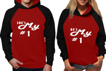 將圖片載入圖庫檢視器 She's My Number 1 and He's My Number 1 raglan hoodies, Matching couple hoodies, Black Maroon his and hers man and woman contrast raglan hoodies