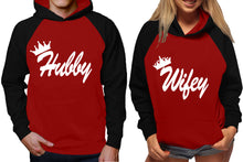 Load image into Gallery viewer, Hubby and Wifey raglan hoodies, Matching couple hoodies, Black Maroon King Queen design on man and woman hoodies