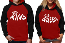 Load image into Gallery viewer, Her King and His Queen raglan hoodies, Matching couple hoodies, Black Maroon King Queen design on man and woman hoodies