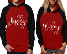將圖片載入圖庫檢視器 Hubby and Wifey raglan hoodies, Matching couple hoodies, Black Maroon his and hers man and woman contrast raglan hoodies
