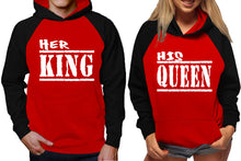 Load image into Gallery viewer, Her King and His Queen raglan hoodies, Matching couple hoodies, Black Red King Queen design on man and woman hoodies