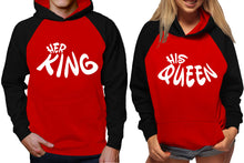 Load image into Gallery viewer, Her King and His Queen raglan hoodies, Matching couple hoodies, Black Red King Queen design on man and woman hoodies