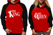 Load image into Gallery viewer, Her King and His Queen raglan hoodies, Matching couple hoodies, Black Red King Queen design on man and woman hoodies