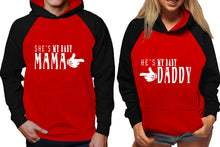 Load image into Gallery viewer, She's My Baby Mama and He's My Baby Daddy raglan hoodies, Matching couple hoodies, Black Red his and hers man and woman contrast raglan hoodies