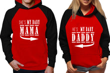 Load image into Gallery viewer, She's My Baby Mama and He's My Baby Daddy raglan hoodies, Matching couple hoodies, Black Red his and hers man and woman contrast raglan hoodies