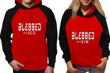 Load image into Gallery viewer, Blessed for Her and Blessed for Him raglan hoodies, Matching couple hoodies, Black Red his and hers man and woman contrast raglan hoodies