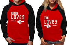 將圖片載入圖庫檢視器 She Loves Me and He Loves Me raglan hoodies, Matching couple hoodies, Black Red his and hers man and woman contrast raglan hoodies
