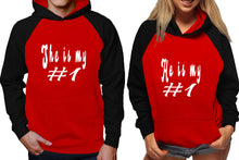 Load image into Gallery viewer, She's My Number 1 and He's My Number 1 raglan hoodies, Matching couple hoodies, Black Red his and hers man and woman contrast raglan hoodies