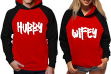 Load image into Gallery viewer, Hubby and Wifey raglan hoodies, Matching couple hoodies, Black Red King Queen design on man and woman hoodies