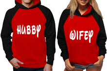 Load image into Gallery viewer, Hubby and Wifey raglan hoodies, Matching couple hoodies, Black Red King Queen design on man and woman hoodies