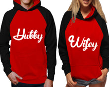 Load image into Gallery viewer, Hubby and Wifey raglan hoodies, Matching couple hoodies, Black Red his and hers man and woman contrast raglan hoodies