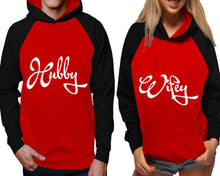 Load image into Gallery viewer, Hubby and Wifey raglan hoodies, Matching couple hoodies, Black Red his and hers man and woman contrast raglan hoodies