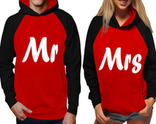 Load image into Gallery viewer, Mr and Mrs raglan hoodies, Matching couple hoodies, Black Red his and hers man and woman contrast raglan hoodies