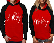 將圖片載入圖庫檢視器 Hubby and Wifey raglan hoodies, Matching couple hoodies, Black Red his and hers man and woman contrast raglan hoodies