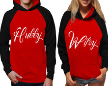 Load image into Gallery viewer, Hubby and Wifey raglan hoodies, Matching couple hoodies, Black Red his and hers man and woman contrast raglan hoodies