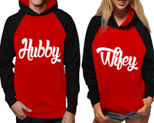 Load image into Gallery viewer, Hubby and Wifey raglan hoodies, Matching couple hoodies, Black Red his and hers man and woman contrast raglan hoodies