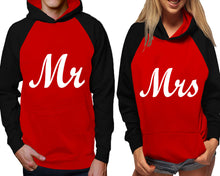 Load image into Gallery viewer, Mr and Mrs raglan hoodies, Matching couple hoodies, Black Red his and hers man and woman contrast raglan hoodies