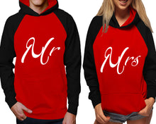 Load image into Gallery viewer, Mr and Mrs raglan hoodies, Matching couple hoodies, Black Red his and hers man and woman contrast raglan hoodies