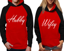 將圖片載入圖庫檢視器 Hubby and Wifey raglan hoodies, Matching couple hoodies, Black Red his and hers man and woman contrast raglan hoodies
