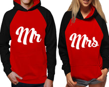 Load image into Gallery viewer, Mr and Mrs raglan hoodies, Matching couple hoodies, Black Red his and hers man and woman contrast raglan hoodies