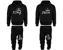將圖片載入圖庫檢視器 King and Queen matching top and bottom set, Black pullover hoodie and sweatpants sets for mens, pullover hoodie and jogger set womens. Matching couple joggers.