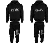 Load image into Gallery viewer, Her King and His Queen matching top and bottom set, Black pullover hoodie and sweatpants sets for mens, pullover hoodie and jogger set womens. Matching couple joggers.