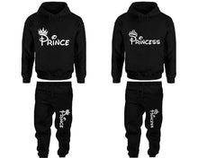 將圖片載入圖庫檢視器 Prince and Princess matching top and bottom set, Black hoodie and sweatpants sets for mens hoodie and jogger set womens. Matching couple joggers.