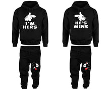 Load image into Gallery viewer, I'm Hers and He's Mine matching top and bottom set, Black hoodie and sweatpants sets for mens hoodie and jogger set womens. Matching couple joggers.