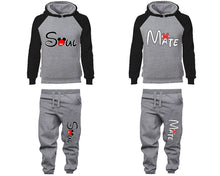 將圖片載入圖庫檢視器 Soul Mate matching top and bottom set, Black Grey raglan hoodie and sweatpants sets for mens, raglan hoodie and jogger set womens. Matching couple joggers.