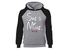 Load image into Gallery viewer, Black Grey color She's Mine design Hoodie for Man.