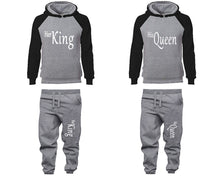 Load image into Gallery viewer, Her King and His Queen matching top and bottom set, Black Grey raglan hoodie and sweatpants sets for mens, raglan hoodie and jogger set womens. Matching couple joggers.