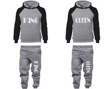Load image into Gallery viewer, King and Queen matching top and bottom set, Black Grey raglan hoodie and sweatpants sets for mens, raglan hoodie and jogger set womens. Matching couple joggers.