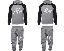 Load image into Gallery viewer, Mr and Mrs matching top and bottom set, Black Grey raglan hoodie and sweatpants sets for mens, raglan hoodie and jogger set womens. Matching couple joggers.