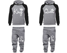 Load image into Gallery viewer, King Queen matching top and bottom set, Black Grey raglan hoodie and sweatpants sets for mens, raglan hoodie and jogger set womens. Matching couple joggers.