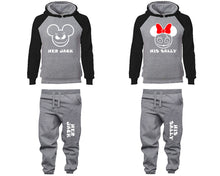Load image into Gallery viewer, Her Jack and His Sally matching top and bottom set, Black Grey raglan hoodie and sweatpants sets for mens, raglan hoodie and jogger set womens. Matching couple joggers.