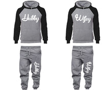Load image into Gallery viewer, Hubby and Wifey matching top and bottom set, Black Grey raglan hoodie and sweatpants sets for mens, raglan hoodie and jogger set womens. Matching couple joggers.