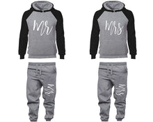 Load image into Gallery viewer, Mr and Mrs matching top and bottom set, Black Grey raglan hoodie and sweatpants sets for mens, raglan hoodie and jogger set womens. Matching couple joggers.