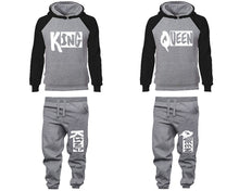 Load image into Gallery viewer, King and Queen matching top and bottom set, Black Grey raglan hoodie and sweatpants sets for mens, raglan hoodie and jogger set womens. Matching couple joggers.