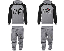 Load image into Gallery viewer, Mr Mrs matching top and bottom set, Black Grey raglan hoodie and sweatpants sets for mens, raglan hoodie and jogger set womens. Matching couple joggers.