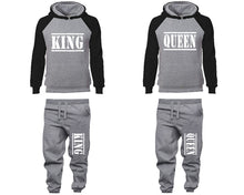Load image into Gallery viewer, King and Queen matching top and bottom set, Black Grey raglan hoodie and sweatpants sets for mens, raglan hoodie and jogger set womens. Matching couple joggers.