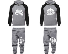 Load image into Gallery viewer, King and Queen matching top and bottom set, Black Grey raglan hoodie and sweatpants sets for mens, raglan hoodie and jogger set womens. Matching couple joggers.