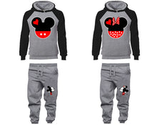 Load image into Gallery viewer, Mickey Minnie matching top and bottom set, Black Grey raglan hoodie and sweatpants sets for mens, raglan hoodie and jogger set womens. Matching couple joggers.