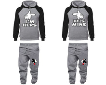 Load image into Gallery viewer, I'm Hers He's Mine matching top and bottom set, Black Grey raglan hoodie and sweatpants sets for mens, raglan hoodie and jogger set womens. Matching couple joggers.
